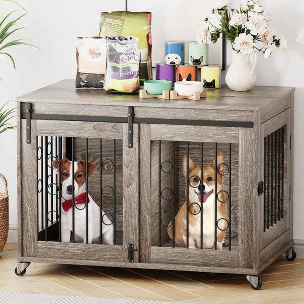 Stylish Dog Crate Furniture with Sliding Barn Door - 39'' Movable Crate with Wheels, Side Door, Detachable Divider, and Flip-Top Design for Small to Medium Dogs