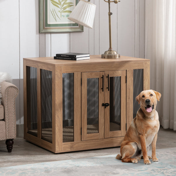 Wooden Dog Crate Furniture with Cushioned Tray and Double Doors - Stylish End Table for Small Dogs and Cats