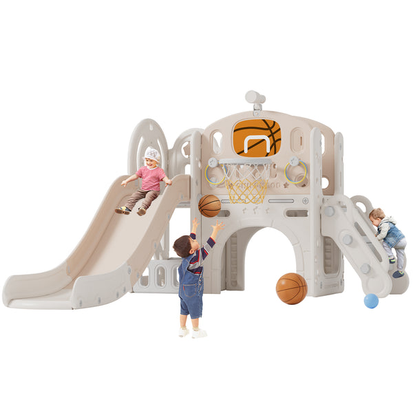 Toddler Slide, 8 in 1 Toddler Indoor Outdoor Playset with Slide, Climber, Basketball Hoop and Ball, Tunnel Crawl, Telescope and Storage Space, Kids Playground Sets for Backyards & Indoor