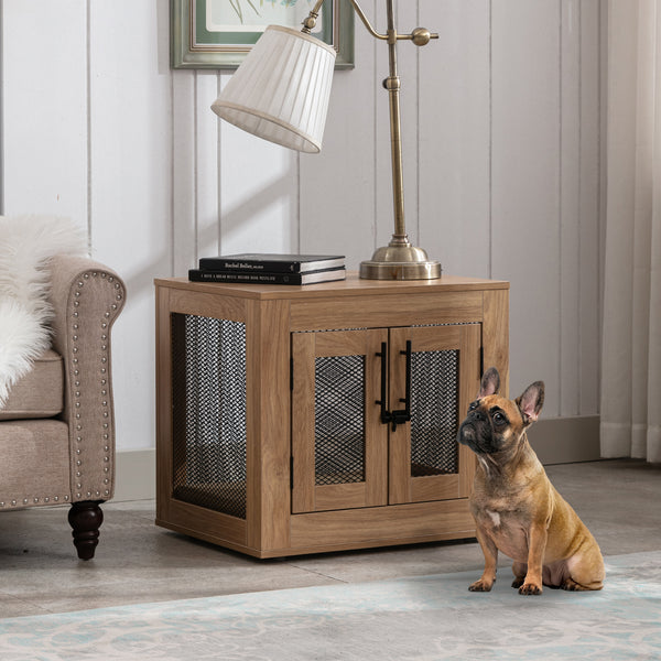 Wooden Dog Crate Furniture with Cushioned Tray and Double Doors - Stylish End Table for Small Dogs and Cats