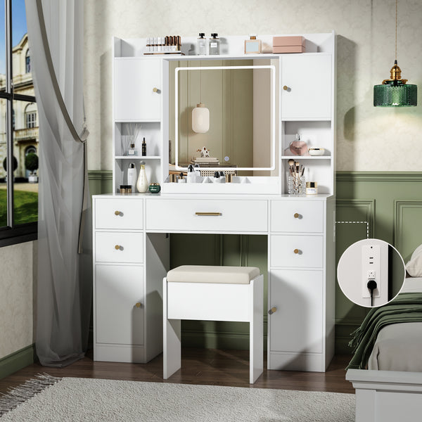 Makeup Vanity Desk with Lights and Mirror, 41.3" Modern White Vanity with 5 Drawers&Power Outlet, 3 Color Lighting Mode, Bedroom Vanity Desk for Women, Girls