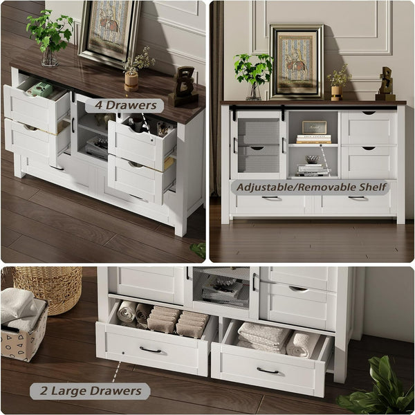 48" Farmhouse with 6 Drawers, 2 Shelves, and Sliding Barn Doors, Linor Farmhouse Chests of Drawers for Bedroom, Drawer Dresser TV Stand for Living Room, Antique White