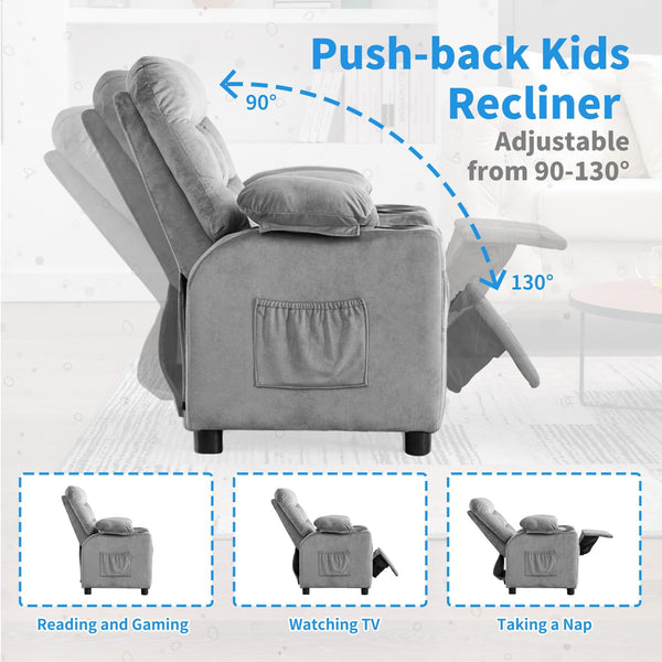 Wanan Kids Recliner Chair, Modern Velvet Lounge with Cup Holder, Footrest, Side Pockets, Gray