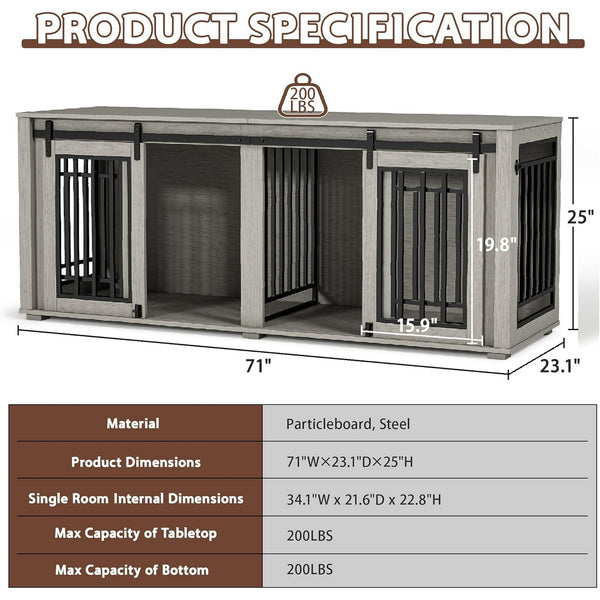 Akaber Large Dog Crate Furniture for 2 Dogs, Upgrade 71" Pro XXL Sliding Door Heavy Duty Dog Kennel Furniture with Divider, Steel Frame Indoor Double Dog Crate for Large Medium Small Dogs, Light Grey