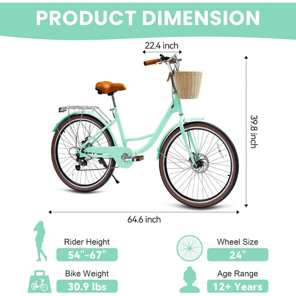 24" Beach Cruisers for Women, Pipleo Bikes for Women with Rattan Basket, 7-Speed & Step-Through Frame