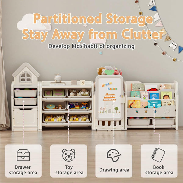 Kids Toy Storage Organizer with 10 Removable Bins, Foldable Toy Organizers and Storage with 3-Tier Bookshelf for Kids Toy Storage Organizer with Drawing Board