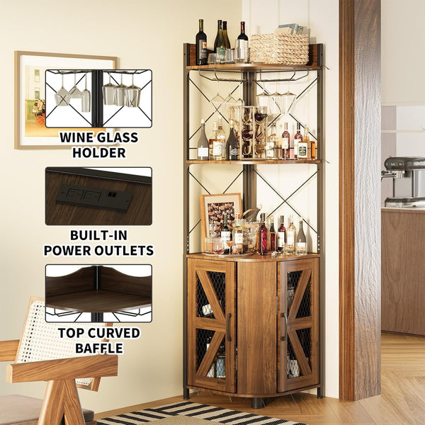 Corner Bar Cabinet with RGB LED Lights and Power Outlet, 63 Inch, 5-Tier Industrial Corner Wine Cabinet with Glass Holder, Corner Liquor Cabinet for Home, Coffee Bar Cabinet