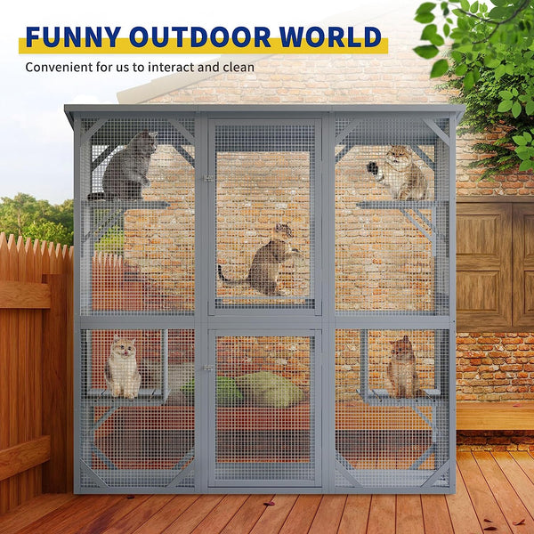 Catio, Extra Large 71'' Outdoor Cat Enclosure with 6 Platforms, Outdoor Cat House with Fir Wood, Weatherproof Kitty Catio with 2 Resting Box