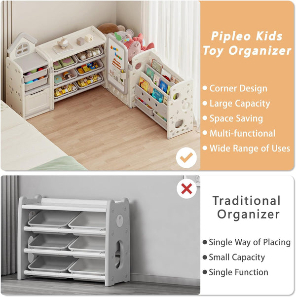 Kids Toy Storage Organizer with 10 Removable Bins, Foldable Toy Organizers and Storage with 3-Tier Bookshelf for Kids Toy Storage Organizer with Drawing Board