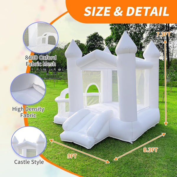 Wanan White Bounce House, 9FT Inflatable Bounce House for Kids, 840D Oxford Cloth Bounce House with Slide, Castle Style Bouncy House with Blower, Easy to Set up, Party & Birthday & Gift
