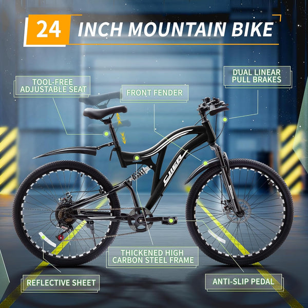 Mountain Bike for Adults, Akaber 24 Inch Full Dual Suspension MTB Bicycle, 7-Speed High-Carbon Steel Frame with Double Disc Brake, Softail Design for Men/Women Outdoor Trail Riding