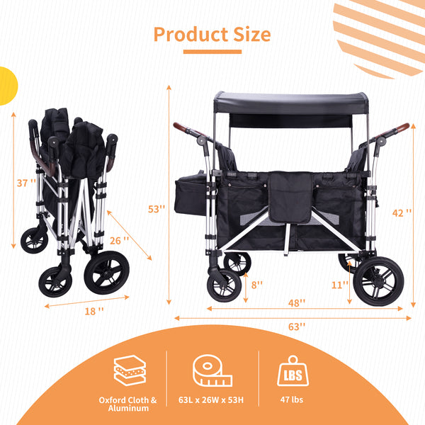 Stroller Wagon for 4 Kids, 4 seater wagon stroller, stroller wagon with canopy(Black)