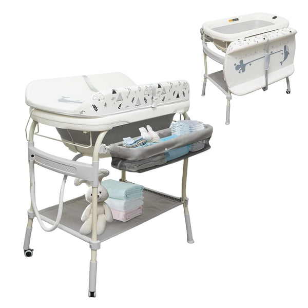 2-in-1 Baby Changing Table with Bathtub, Akaber Newborn Foldable Portable Diaper Station, Adjustable Height with Wheels, Waterproof Pad, Storage Rack