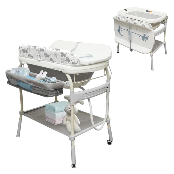 2 in 1 Bathtub with Changing Table, Adjustable Height Diaper Changing Station Waterproof Nursery Organizer with Storage Racks
