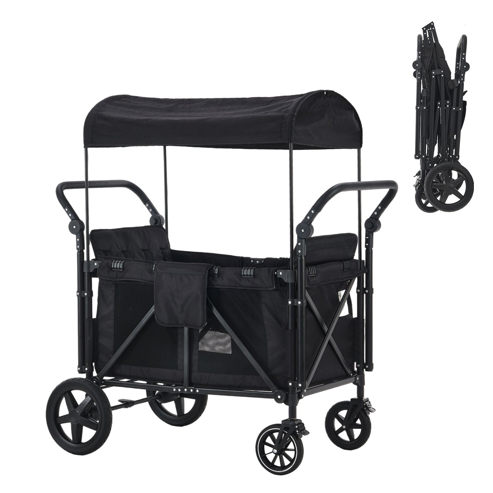 Wagon Stroller for 4 Kids, Wagon Cart with 4 High Seats and Removable Canopy, Foldable Stroller Wagon (Black)
