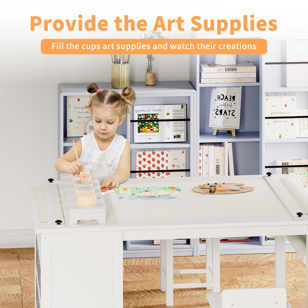 Kids Art Table and Chair Set, Kids Craft Table with Two Chairs, Storage Shelves, Canvas Bins, Wooden Children Study Desks, Kids Desk and Chair Set for Drawing and Painting