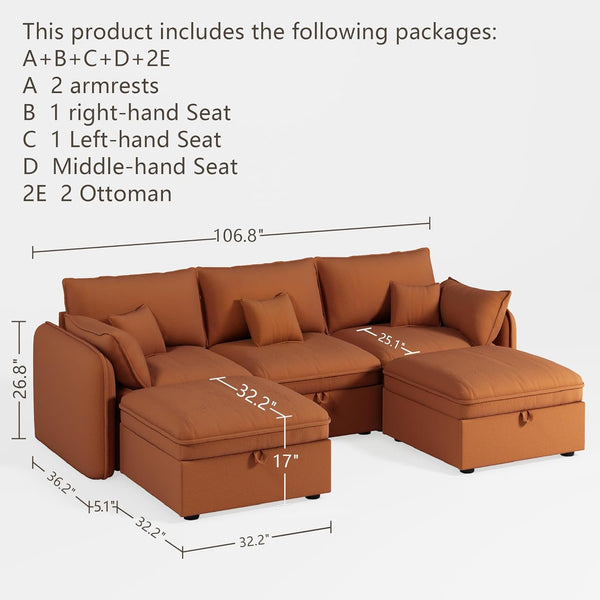 Akaber Modular Sectional Sofa, 107 Inch U Shaped Couch with Movable Storage Ottoman, 25 Inch Deep Seat, Cloud Couches for Living Room, Orange
