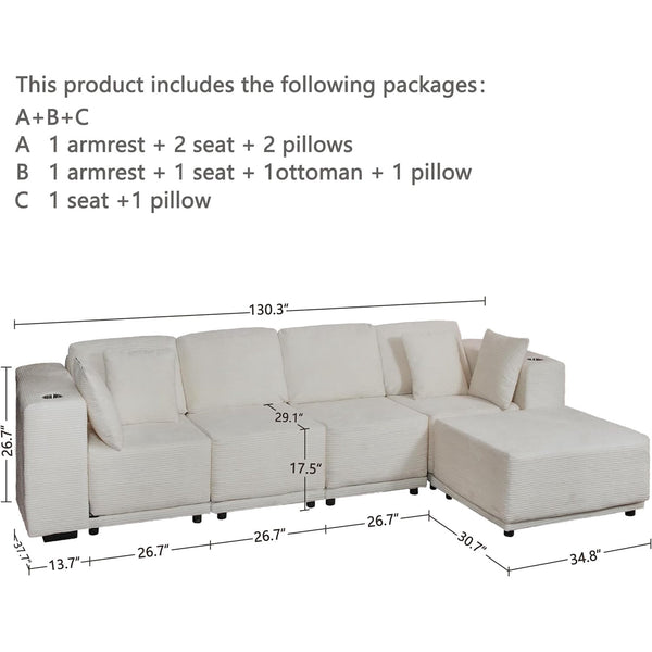 Akaber 130" Modular Sectional Sofa with L-Shape Chaise, 4-Seater Comfy Cloud Couch with Movable Ottoman, Deep Seat Couches for Living Room with Throw Pillows, Beige Grey