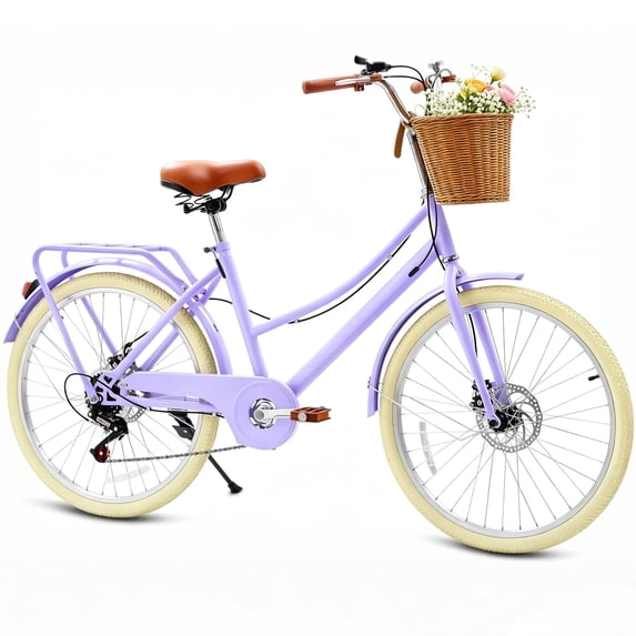 Pipleo 24" 7-Speed Retro Cruiser Women Bike, Bike for Women with Rattan Basket, Dual-Disc Brake Carbon Steel Frame Lightweight Bicycle, Easy Assembly