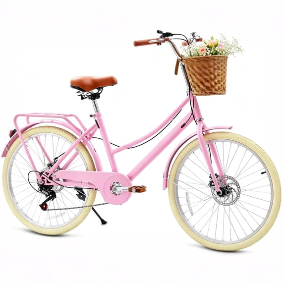 Pipleo 24" 7-Speed Retro Cruiser Women Bike, Bike for Women with Rattan Basket, Dual-Disc Brake Carbon Steel Frame Lightweight Bicycle, Easy Assembly