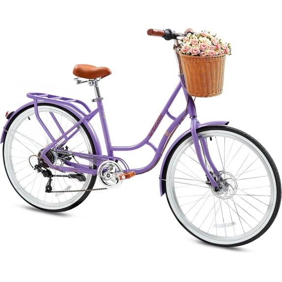 24" Beach Cruisers for Women, NEORIVER 7-Speed Bikes for Women with Rattan Basket, Commuter Bicycle