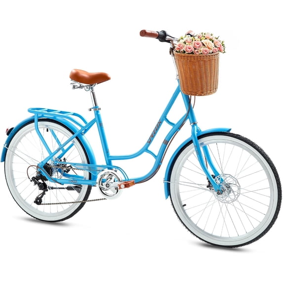 24" Beach Cruisers for Women, NEORIVER 7-Speed Bikes for Women with Rattan Basket, Commuter Bicycle