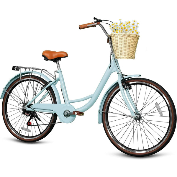 24" Beach Cruisers for Women, Pipleo Bikes for Women with Rattan Basket, 7-Speed & Step-Through Frame