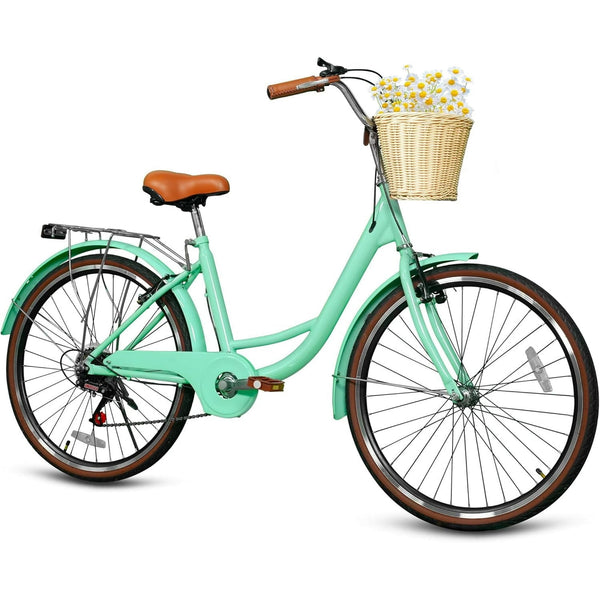 26" Beach Cruisers for Women, Pipleo Bikes for Women with Rattan Basket, 7-Speed & Step-Through Frame