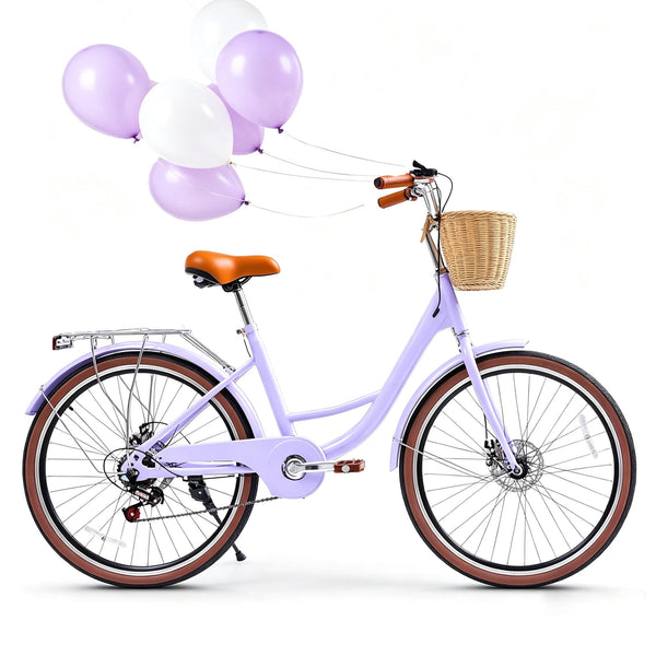 24 Inch Beach Cruiser Bike for Women, Akaber 7 Speed Commuter Bicycle with Rattan Basket, Adjustable Seat, Lightweight for Ladies
