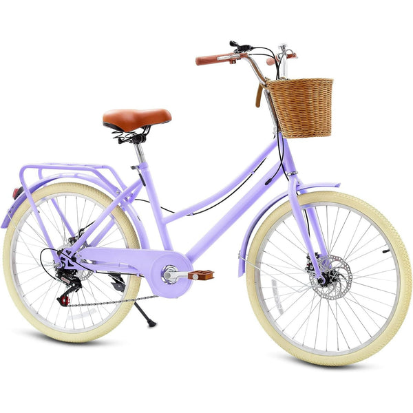 24 Inch Girls Bike, Wanan Kids Bike for 6-15 Years with Rattan Basket, Lightweight Carbon Steel Frame, Kids Bicycles 7-Speed Cruiser