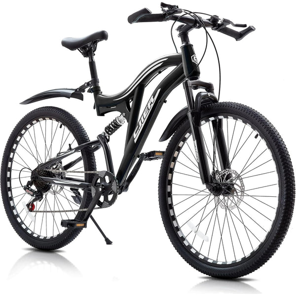 24 Inch Mountain Bike for Adults, Wanan Full Suspension Mens MTB Bicycle with Dual Disc Brake, 7-Speed High-Carbon Steel Frame