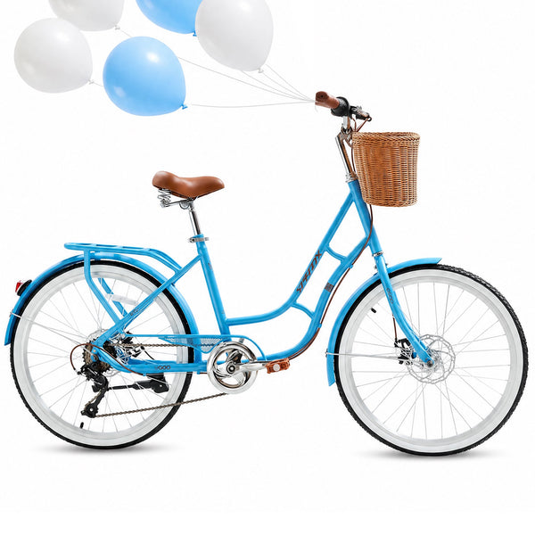 24 inch Beach Cruiser Bike for Women, Akaber 7 Speed Womens Commuter Bicycle with Rattan Basket, Lightweight Adults Bikes, Blue
