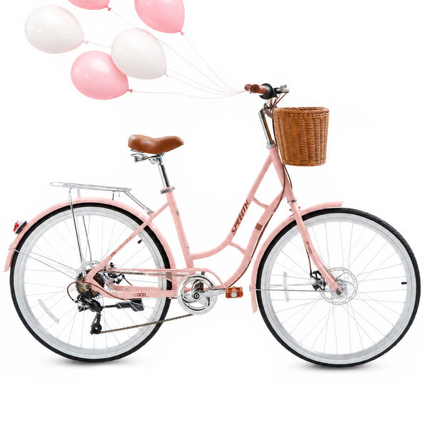 24 inch Beach Cruiser Bike for Women, Akaber 7 Speed Womens Commuter Bicycle with Rattan Basket, Lightweight Adults Bikes, Pink