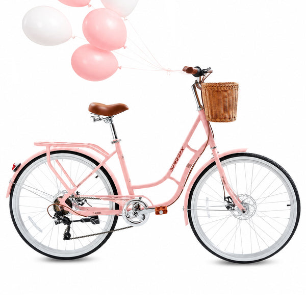 24 inch Beach Cruiser Bike for Women, Akaber 7 Speed Womens Commuter Bicycle with Rattan Basket, Lightweight Adults Bikes, Pink