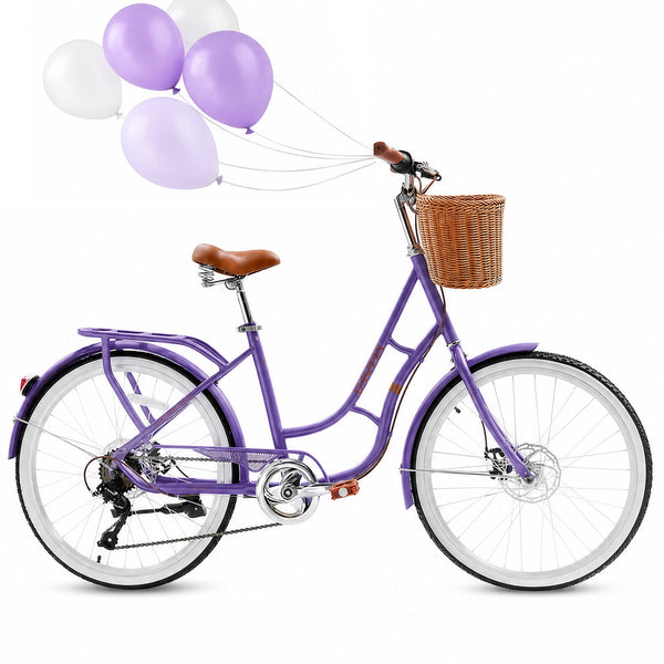 24 inch Beach Cruiser Bike for Women, Akaber 7 Speed Womens Commuter Bicycle with Rattan Basket, Lightweight Adults Bikes, Purple
