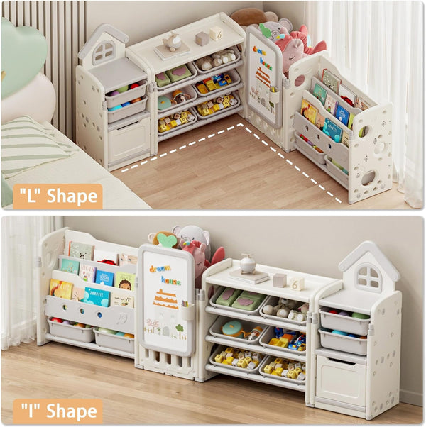 Kids Toy Storage Organizer with 10 Removable Bins, Foldable Toy Organizers and Storage with 3-Tier Bookshelf for Kids Toy Storage Organizer with Drawing Board