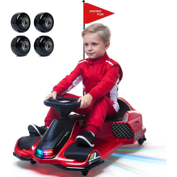 24V Electric Wiggle Car, NEORIVER 360° Rotating Ride on Drift Car – 180W Brushless Motor, High/Low Speed 3-8 mph, Lights, Music, Bluetooth, USB, Replacement Wheels, Go Cart Toy for Kids