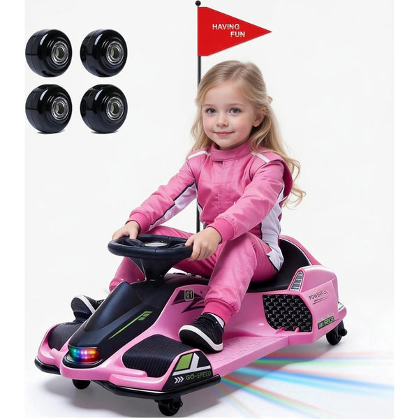 24V Electric Wiggle Car, NEORIVER 360° Rotating Ride on Drift Car – 180W Brushless Motor, High/Low Speed 3-8 mph, Lights, Music, Bluetooth, USB, Replacement Wheels, Go Cart Toy for Kids