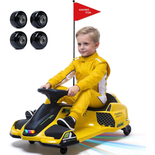 24V Electric Wiggle Car, NEORIVER 360° Rotating Ride on Drift Car – 180W Brushless Motor, High/Low Speed 3-8 mph, Lights, Music, Bluetooth, USB, Replacement Wheels, Go Cart Toy for Kids