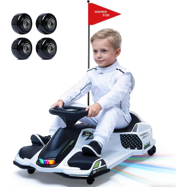 24V Electric Wiggle Car, NEORIVER 360° Rotating Ride on Drift Car – 180W Brushless Motor, High/Low Speed 3-8 mph, Lights, Music, Bluetooth, USB, Replacement Wheels, Go Cart Toy for Kids
