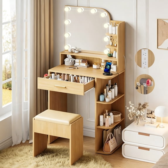 NEORIVER 26.4" Small Makeup Vanity Set with Mirror and Lights, Modern Vanity Desk with Bench and Power Outlets