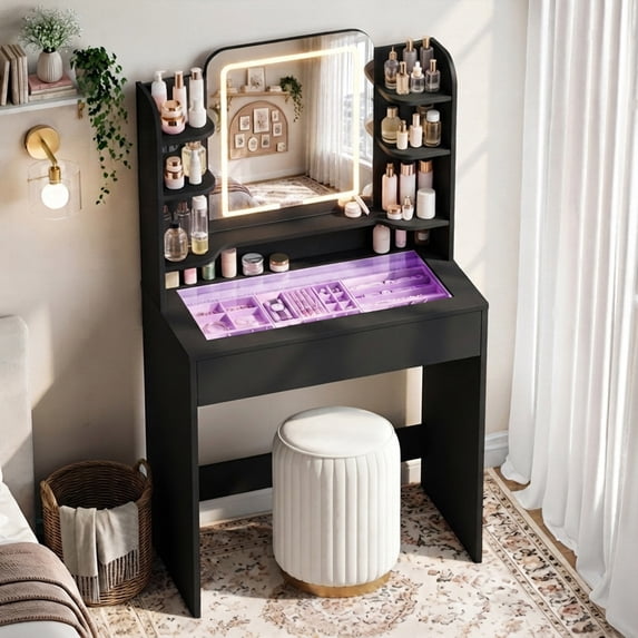 Small Makeup Vanity Desk with LED Mirror and Lights, Tempered Glass, RGB Drawer with App/Remote and Music-Sync, 6000+ Colors, 5 Shelves