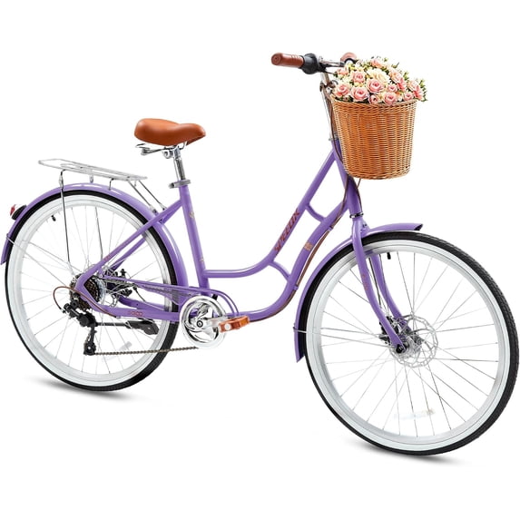 26" Beach Cruisers for Women, NEORIVER 7-Speed Bikes for Women with Rattan Basket, Commuter Bicycle