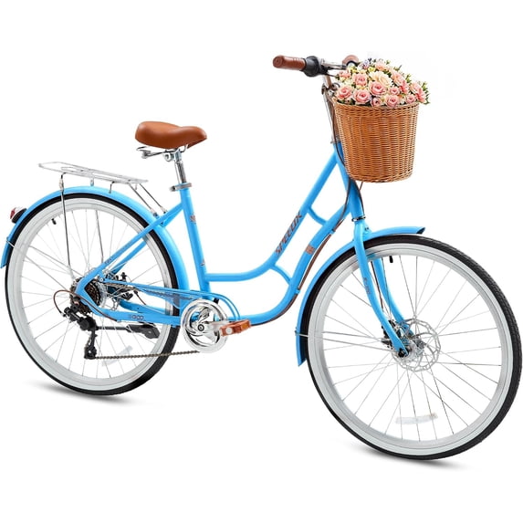 26" Beach Cruisers for Women, NEORIVER 7-Speed Bikes for Women with Rattan Basket, Commuter Bicycle
