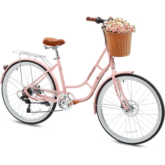 26" Beach Cruisers for Women, NEORIVER 7-Speed Bikes for Women with Rattan Basket, Commuter Bicycle