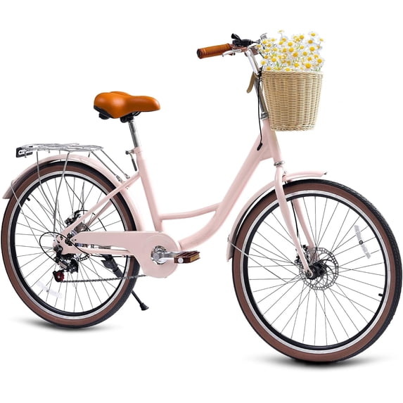26" Beach Cruisers for Women, NEORIVER Bikes for Women with Rattan Basket, 7-Speed & Step-Through Frame