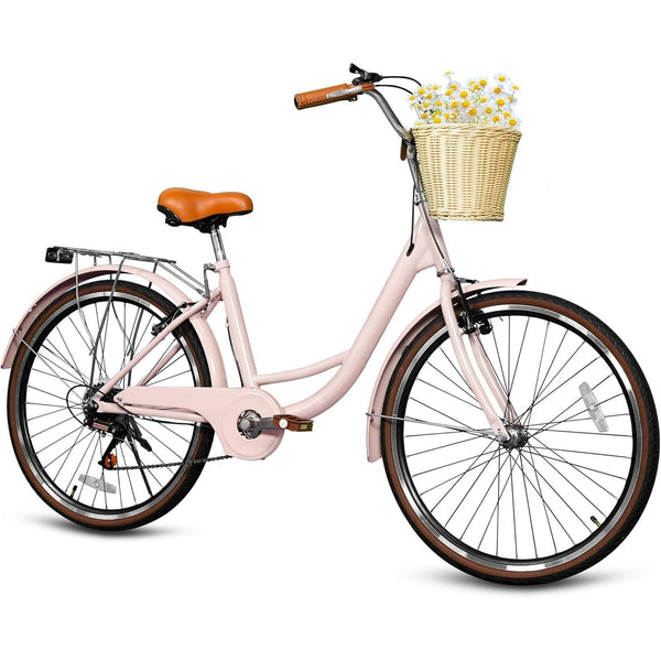 24" Beach Cruisers for Women, Pipleo Bikes for Women with Rattan Basket, 7-Speed & Step-Through Frame