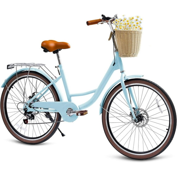 26" Beach Cruisers for Women, Pipleo Bikes for Women with Rattan Basket, 7-Speed & Step-Through Frame