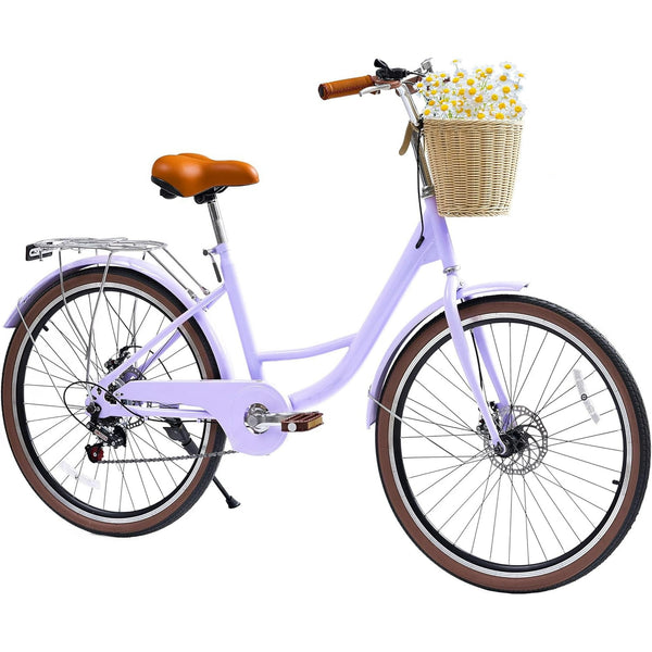 26 Inch Beach Cruiser Bike for Women, 7 Speed Commuter Bicycle with Rattan Basket, Adjustable Seat, Lightweight for Ladies