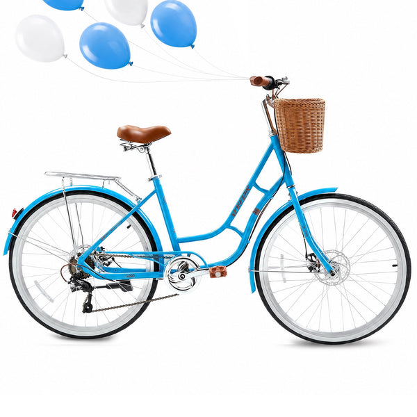 26 inch Beach Cruiser Bike for Women, Akaber 7 Speed Womens Commuter Bicycle with Rattan Basket, Lightweight Adults Bikes, Blue